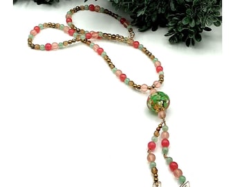 Handmade Glass Bead Necklace With Green Floral Bead and Pink Gold Tone Accents