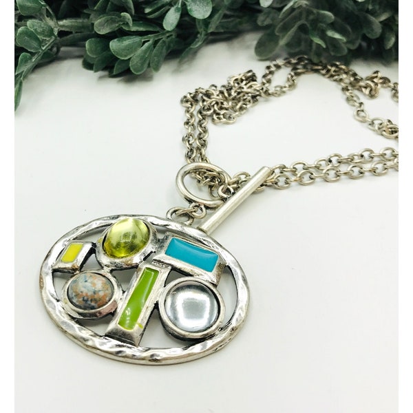 Vintage Necklace silver tone variety shapes in oval shaped pendant with multi color gems 18" length