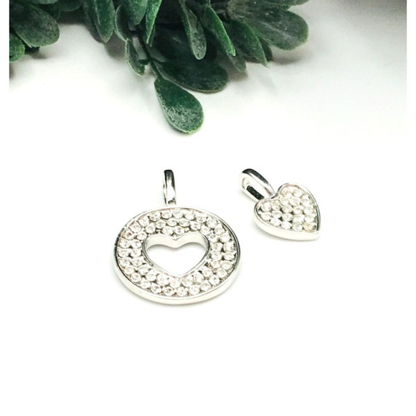 Vintage Silver tone pendants, round shape heart shape cut out, small heart center piece