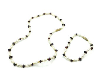Vintage Cultured Pearl & Garnet Necklace And Bracelet Set