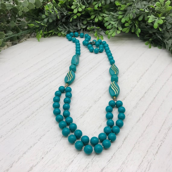 Vintage Necklace 26" With Bluegreen Plastic Beads… - image 2
