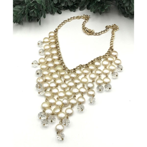 Necklace gold tone bib style off white beads 16" length