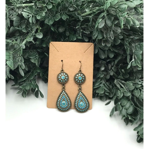 Vintage Dangle earrings, gold tone, aqua enamel f… - image 4