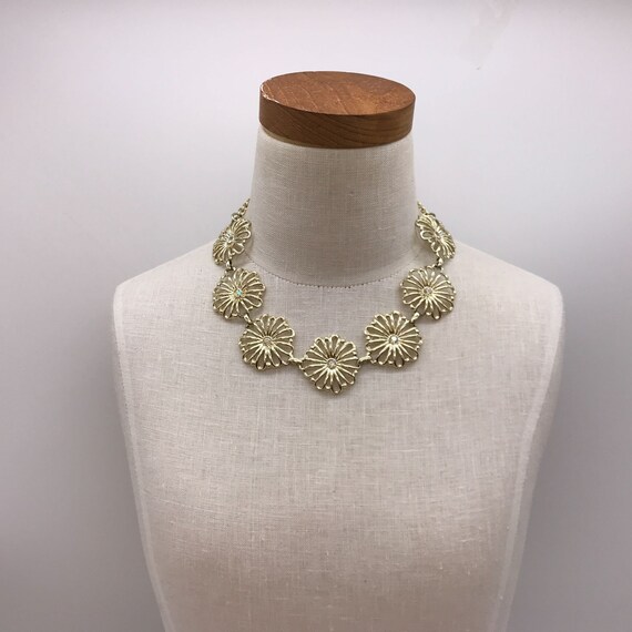 Vintage Necklace gold tone lace floral with rhine… - image 2