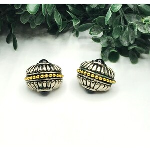 Vintage clip on earrings, silver tone, gold black accents