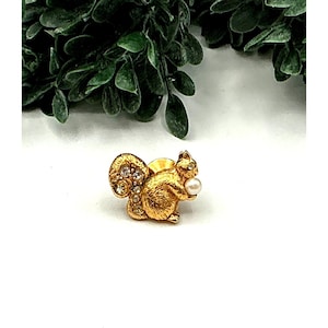Gold-Tone Squirrel Lapel Pin With Rhinestones & Faux Pearl by AVON