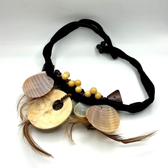 Statement Necklace With Shells Feathers Wood Bead… - image 3