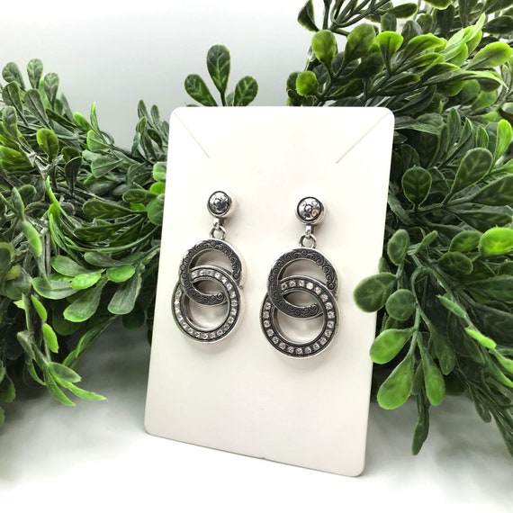 Vintage Earrings silver tone double loops with rh… - image 4