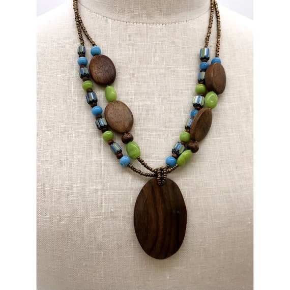 16" Necklace with wooden pendant, blue & green be… - image 3