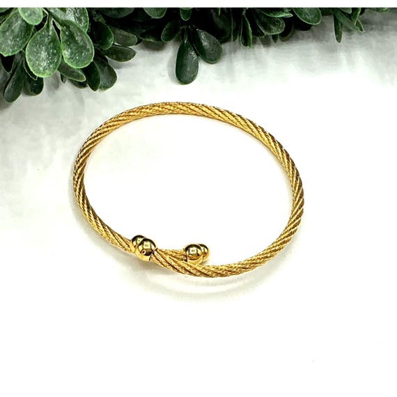 Gold-tone Twist Cable Bangle Bracelet With Polished Beaded Ends - Etsy