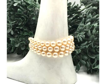 Vintage Faux Pearl Triple Strand Bracelet With Rhinestone Clasp *See notes