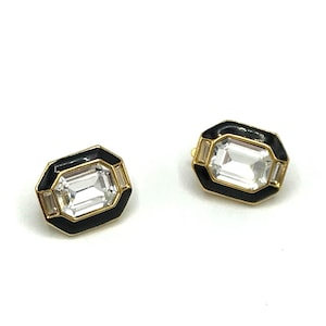 Vintage Gold & Black Octagon Clip-On Earrings With Crystal Accents by Trifari