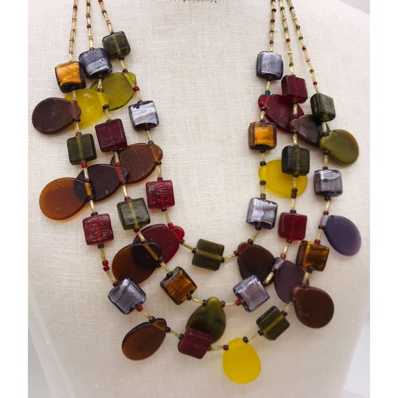 Vintage glass beaded necklace multi color 3 stran… - image 2