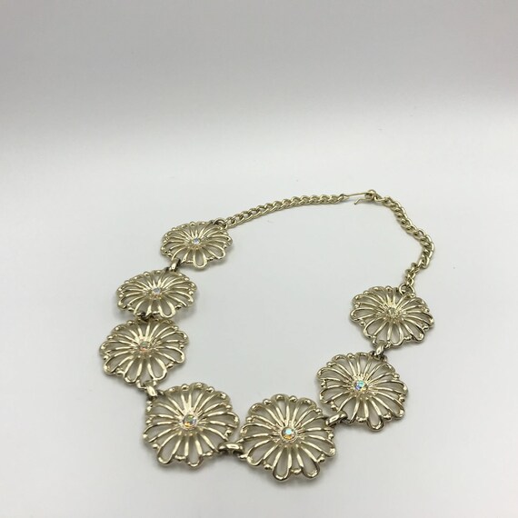 Vintage Necklace gold tone lace floral with rhine… - image 3