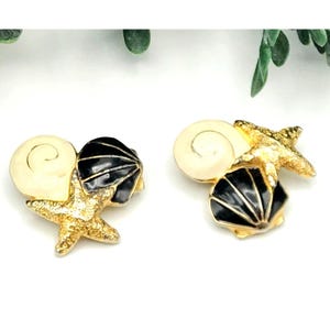 Gold-Tone Starfish & Shell Clip-On Earrings With Black Cream Enamel Accents