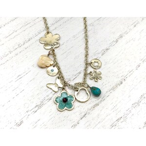 Vintage Silver Tone Charm Necklace W/ Assorted Flower & Animal Pendants