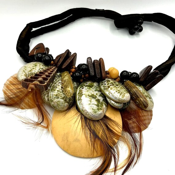 Statement Necklace With Shells Feathers Wood Bead… - image 2
