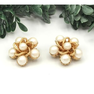 Vintage Gold Tone Faux Pearl Cluster Clip-On Earrings