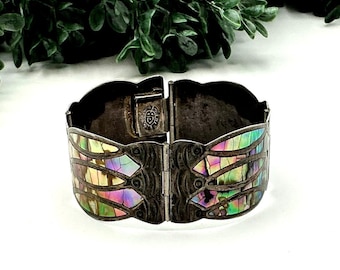 Vintage Mexican Sterling Silver Abalone Inlay Hinged Bracelet