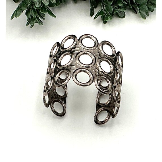 Statement Cuff Bracelet with Circle Hammered Silv… - image 1