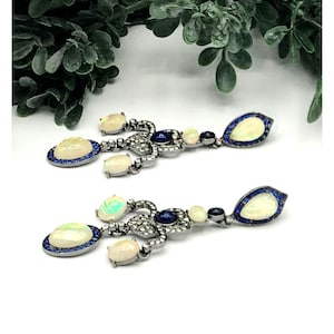 Vintage Style Earrings Opal Sapphire Dangling Dark grey tone