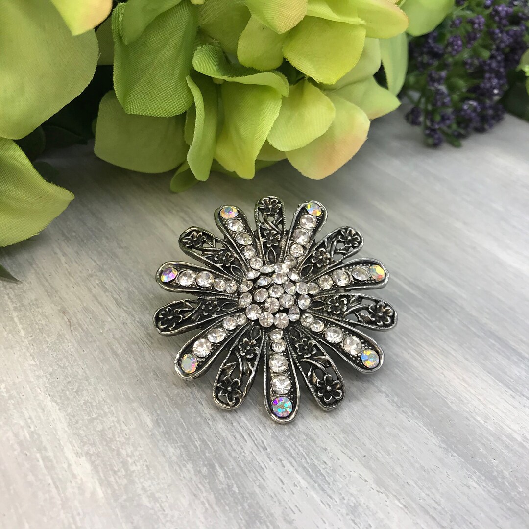 Broche Vintage Argentée à Décor Floral, Avec Pierre Dorée, Occasion