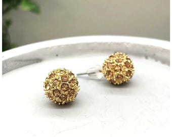 Vintage Style Gold-Tone Crystal Ball Stud Earrings With Sparkling Rhinestones