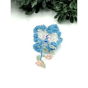Handcrafted Beaded Blue and White Floral Brooch Pin With Pink Flower Accents Vintage-Inspired Design Unique Gift Accessory