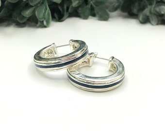 Vintage silver tone thick hoops with navy stripe 1" dia