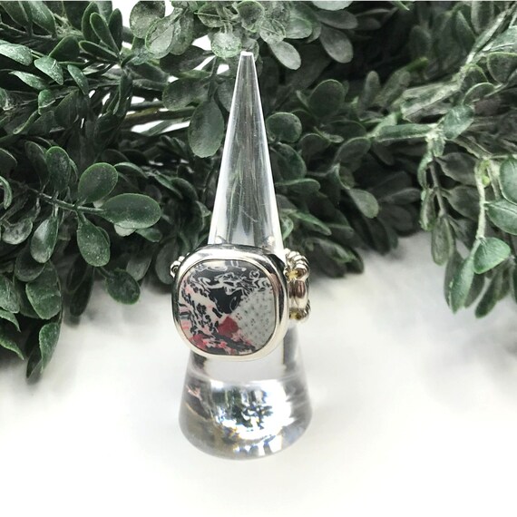 Vintage Statement ring silver tone square clay pr… - image 3