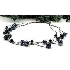 Black Multi-Strand Necklace With Faceted Beads & Gunmetal Chains