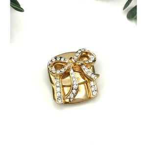 Vintage Gold-Tone Rhinestone Gift Box Brooch