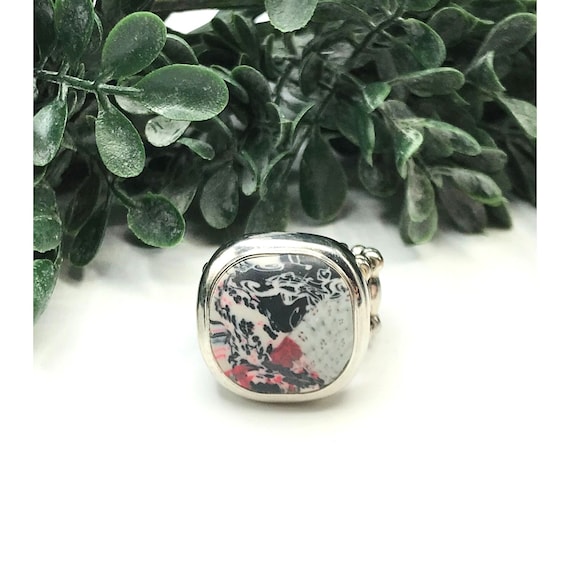 Vintage Statement ring silver tone square clay pr… - image 1