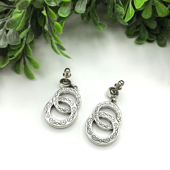 Vintage Earrings silver tone double loops with rh… - image 2