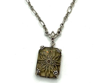 Vintage Silver-Tone Chain Necklace With Ornate Square Pendant
