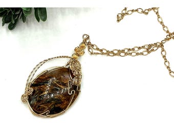Gold 14kt GF Wire Wrapped Pietersite Pendant Artisan Handmade Gemstone Necklace