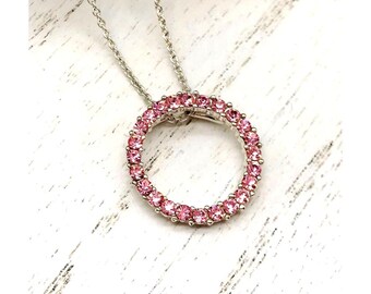 Vintage Silver tone Pink Crystal Circle Pendant Necklace