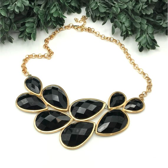 Gold Tone Chain Statement Necklace With Black Teardrop Crystal