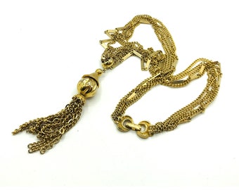 Vintage necklace gold tone five strands 3" tassel 20" length