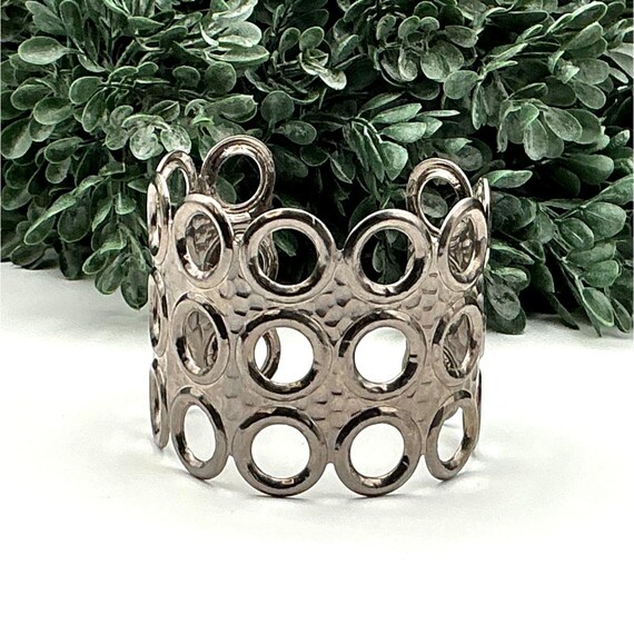 Statement Cuff Bracelet with Circle Hammered Silv… - image 2