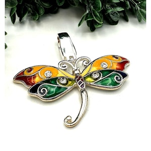 Vintage Pendant Silver Toned Dragonfly With Magnetic Bail Rust Yellow Green Purple Enamel And Clear Rhinestones