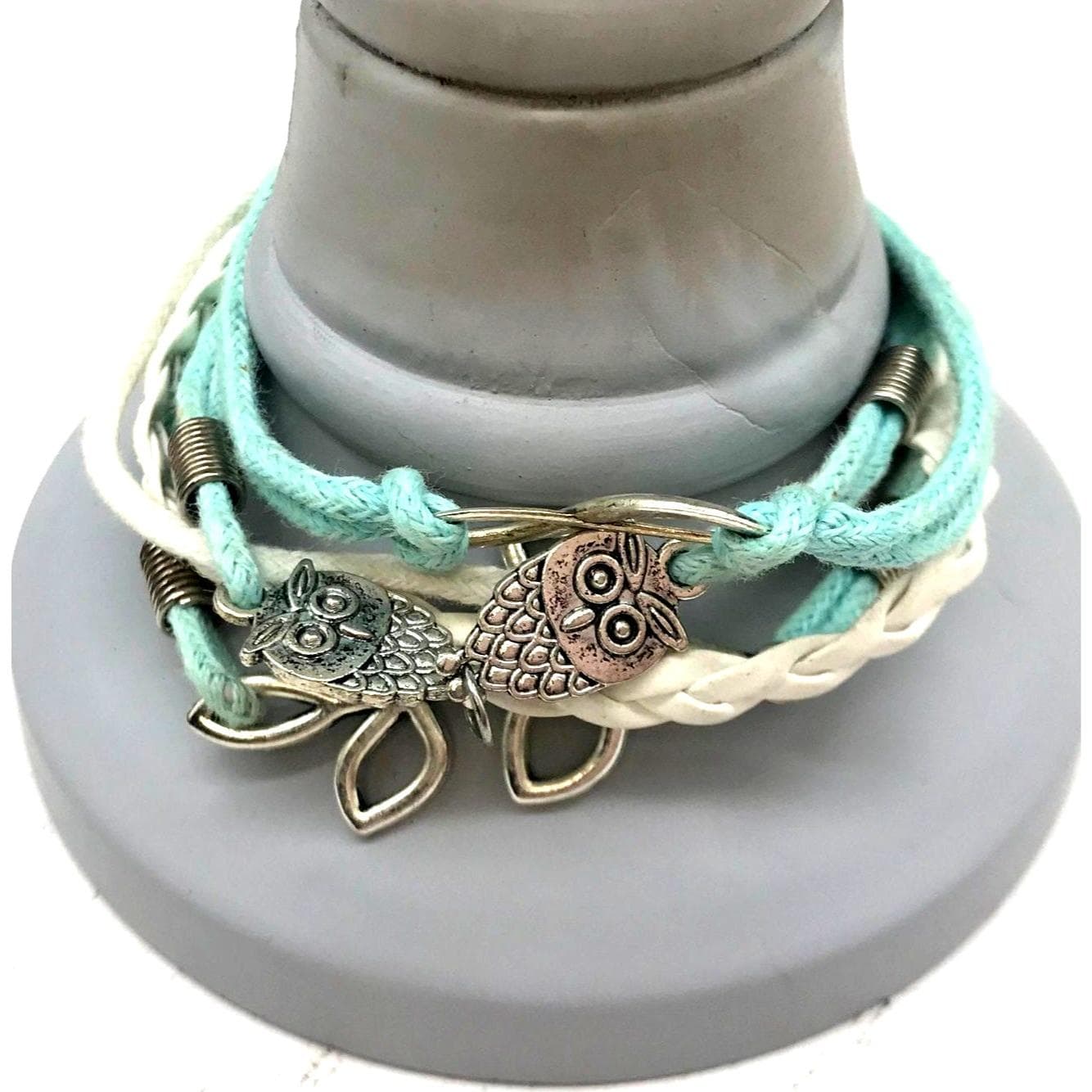 Owl Charm Bracelet With Silver Leaf Accent Braided Mint & White Cord Adjustable Chain Closure