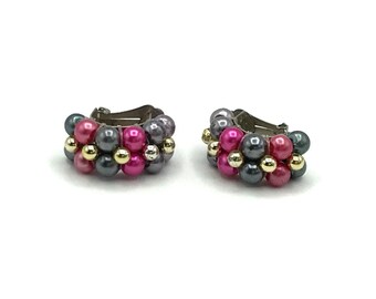 Vintage Beaded Clip-On Earrings With Gold Pink Gray & Purple Beads