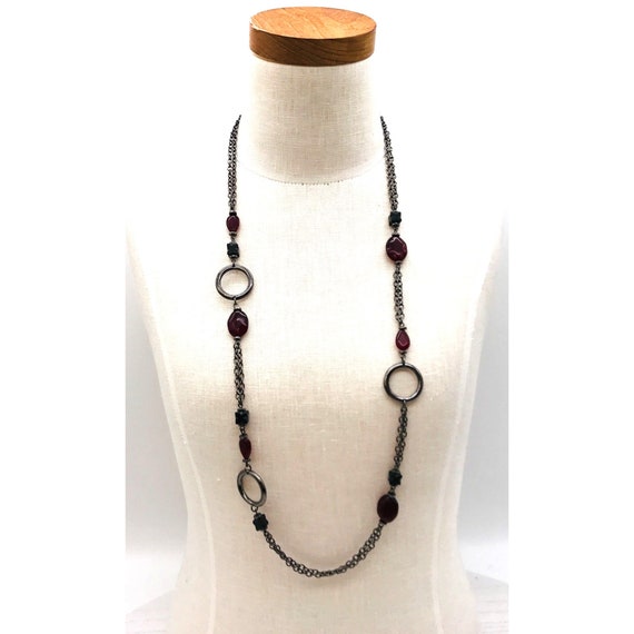 Vintage necklace red black glass beads black tone… - image 2