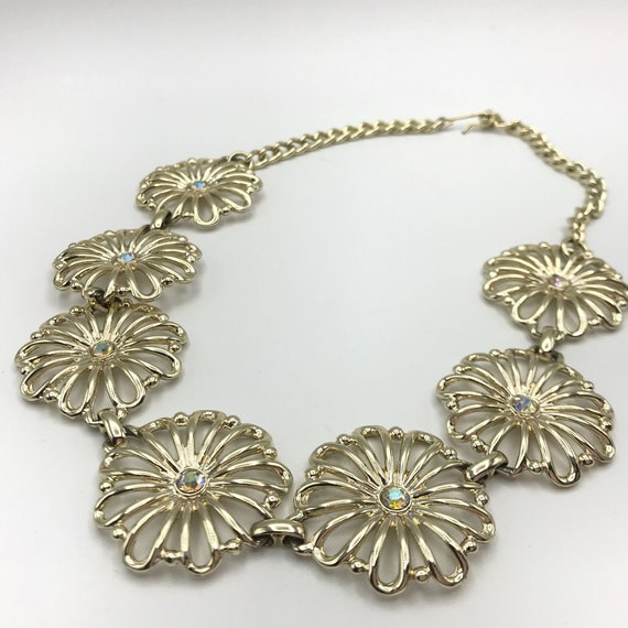 Vintage Necklace gold tone lace floral with rhine… - image 1