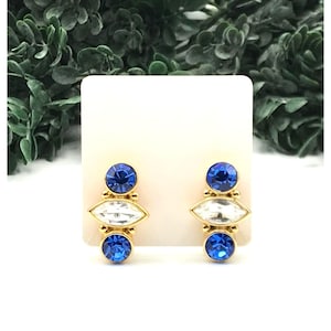 Vintage Gold & Blue Rhinestone Clip-On Earrings