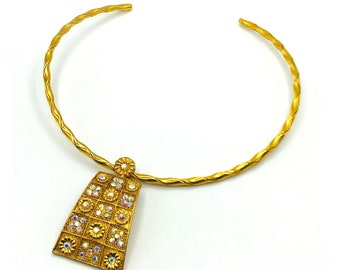Vintage Choker necklace gold tone pendant AB crystal rhinestones