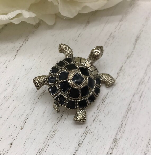 Vintage Pin Brooch Silver Toned Turtle With Black… - image 2