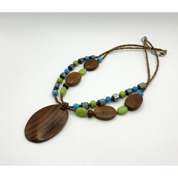 16" Necklace with wooden pendant, blue & green be… - image 2
