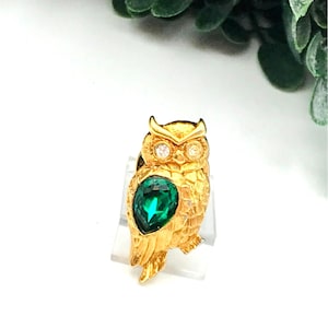 Gold-Tone Owl Lapel Pin With Green Gemstone Accent & Crystal Eyes